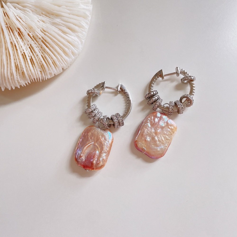 Silver real pearl hoop earrings, one of a kind